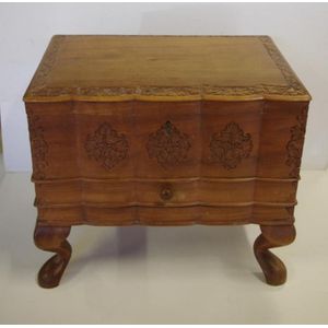 Vintage carved sandal wood sewing box with lift lid and drawer,…
