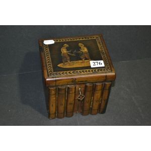 Timber trinket box with inlaid scene to top and fluted front