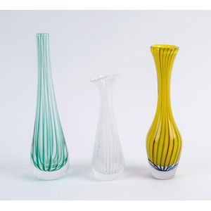 Three Czechoslovakian glass vases with striped decoration, mid…