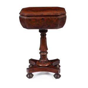A Georgian mahogany teapoy, lift-top with twin caddy…
