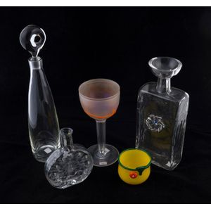 Scandinavian glass decanter, two bottles, Kosta Boda, goblet by…
