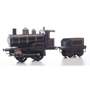 A Bing O gauge clockwork 0-4-0 locomotive and 4 wheel tender,…
