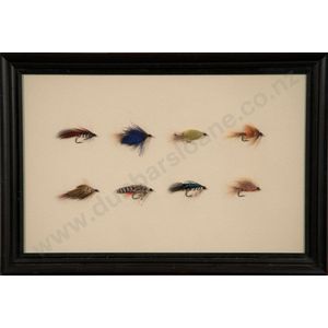Framed display of eight various fishing flies