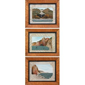 Set of three 19th century English sand pictures depicting views…