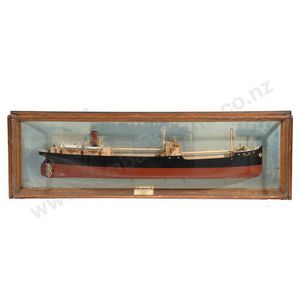 Model of a screw steamer in glazed oak case with mirrored back,…