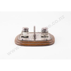 Edwardian silverplate & oak desk stand, with fixed scroll…