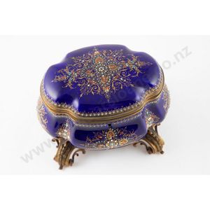 Late 19th century French Bleu Royale enamel jewel casket, oval…