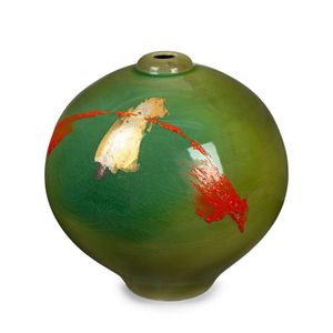 Greg Daly green glazed studio pottery vase with orange and gold&hellip;
