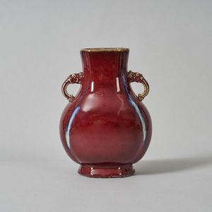 Chinese Oxblood Red on Blue Flambe 2024 Glaze Vase. Elephant Handles, Rings. Marked