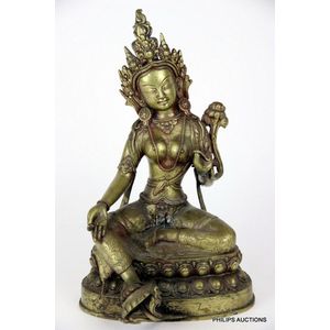 A vintage Nepalese bronze green Tara figure, seated in&hellip;