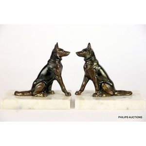 A pair of Art Deco Alsatian spelter bookends, circa 1930,…