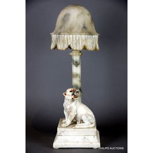 An unusual antique alabaster lamp base and shade, circa 1900,…