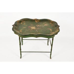 English papier mache tray on stand, c. 1900, the top decorated…