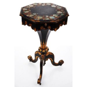 Victorian papier mache sewing table, c. 1860, black lacquer,…