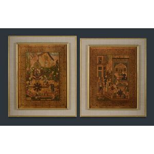 Pair Indian Mughal style miniature paintings. Each depicting…