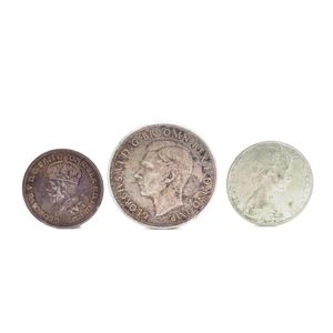 Three Australian silver coins Includes a 1927 Florin, 1937 One…