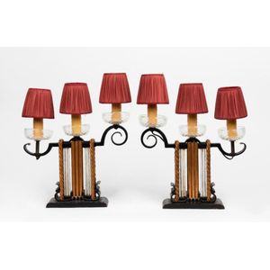 A pair of French Art Deco wrought iron three branch table lamps,…