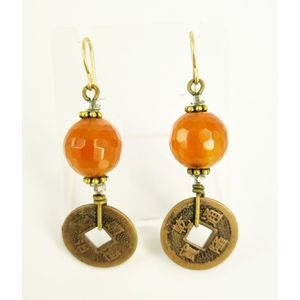 A pair of carnelian and Chinese coins drop earrings, on 9ct…