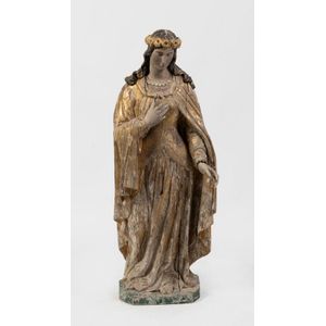 A carved polychrome and giltwood figure of the Madonna, late…