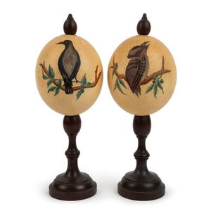 A Pair Of Antique Ostrich Egg Ornaments On Blackwood Stands… - Eggs 