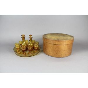 Vintage etched amber glass liqueur set with antique bentwood…