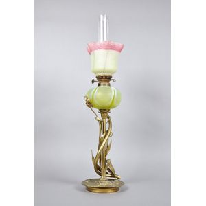 A rare Nailsea glass Art Nouveau kerosene lamp with matching…
