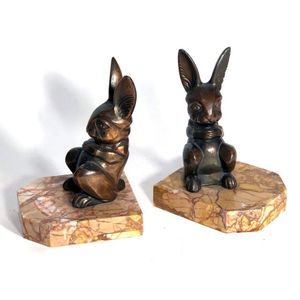 A pair of spelter rabbit form bookends, French circa 1930…