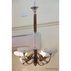 An Art Deco bird chandelier in chrome and timber, circa 1930s…