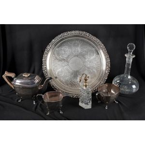 Silver plated tea service, tray, decanter and atomizer, 20th…