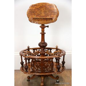 A Victorian burr walnut revolving music canterbury and stand,…
