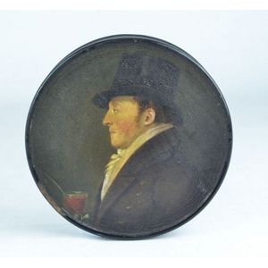 19th century papier mache circular snuff box with painted image…