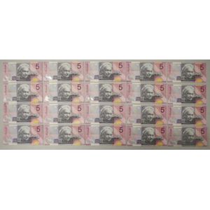 Twenty Australian 2001 $5 banknotes with various serial numbers