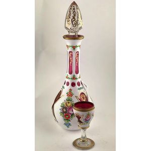 Mid 20th century Bohemian decanter set white on cranberry…