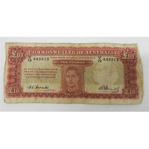 An Australian ten pound Banknote, Coombs & Watt, 1949