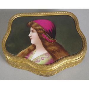 Antique French gilt brass jewel box with portrait of a woman on…