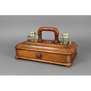 Wooden desk set with drawer and two ink bottles, 14.5 cm high,…