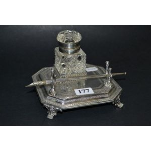 Quality English silver plated ink stand with cut crystal ink…