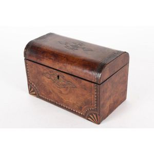Victorian inlaid walnut tea caddy, of domed casket form,…
