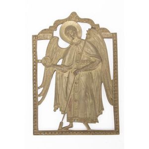 Russian cast religious plaque, in the form of an angel holding…