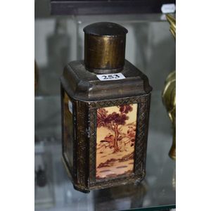 Oriental metal tea caddy with glass cased decorative panels,…
