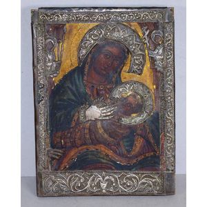 Good vintage Russian icon with silver oklad Madonna and Child,…