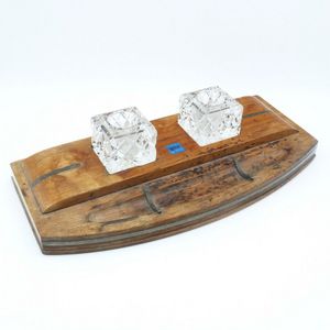 Carved desk set from wood from HMAS Sydney, with two cut…