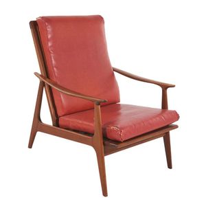 Armchair for Parker, teak with rattan back, original red vinyl…