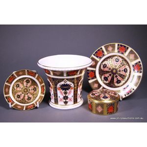 Four Royal Crown Derby items: a vase, two dishes and a box,&hellip;