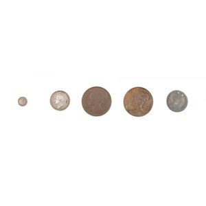 Five Old English Collector coins, George I silver shilling 1723,…
