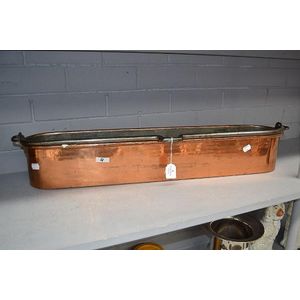 Large antique French copper fish kettle with swing handle,…
