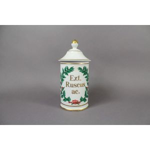 Antique French lidded chemist jar, Ext. Ruscus ac, 21 cm high