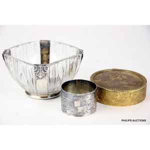 A French glass and silver bowl, a French silver napkin ring, a…