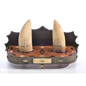 A Colonial scrimshaw and turtle shell desk set. c1800's, height…