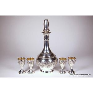 An Israeli five piece sterling silver wine decanter set, later…